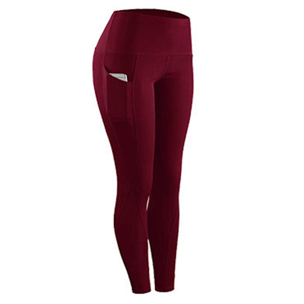 Yogabyxor för kvinnor med fickor, hög midja, träningsleggings, vinröd vinröd wine red M