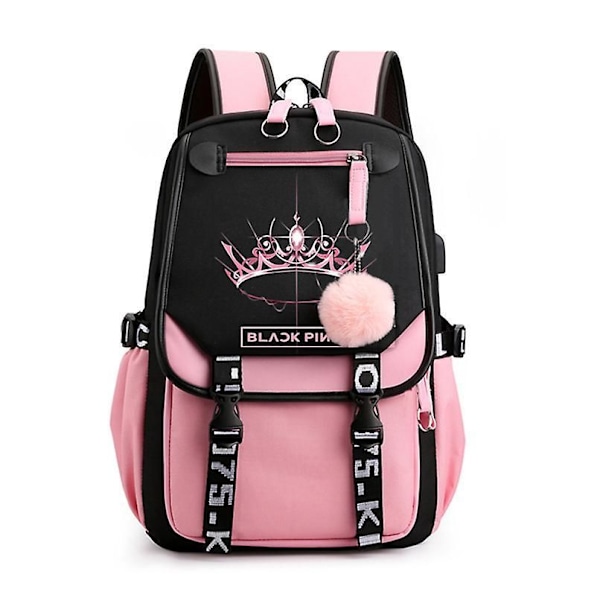 Blackpink Ryggsekk Laptopveske Skoleveske Bokveske med USB-lading og hodetelefonport style 1