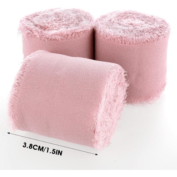 Ruller 1.5\" Håndlavet Frynser Chiffon Silkebånd Frynsede Kanter Bånd til Bryllupsinvitationer, Brudebuketter, Gaveindpakning (Pink)