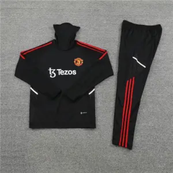Manchester United Træningsdragt med Hætte og Halv Lynlås til Voksne 23-24 Sort sort black black XL