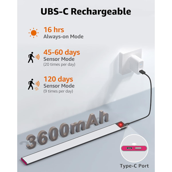 USB-laddbar LED-ljuslist för kök 3600mah 40cm Dimbar Rörelsesensor Skåp LED-ljus med Uppladdningsbart Batteri Trådlös Drift PIR