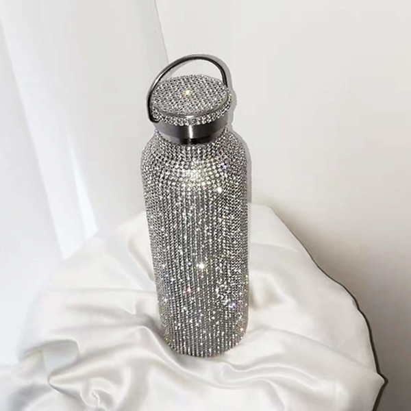 Diamant Vannflaske, Rustfritt Stål Isolert Vannflaske, Glitter Vannflasker Gjenfyllbare Vannflasker for Kvinner Sølv (500ml)