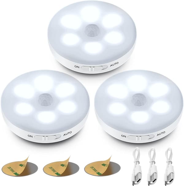 Automatic LED Night Light [3-Pack], 3 Modes (Auto/On/Off), Self-Adhesive USB Rechargeable Battery Lamp, Wireless LED (White)-FM-