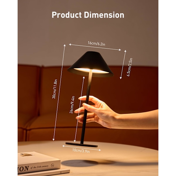 Oppladbar Trådløs Bordlampe, Dimbar LED Batteridrevet Skrivebordslampe, Vanntett, 3000K Varmhvit Lampe, Metall Nattlampe for Soverom, Uteplass (inkl-KK1- black
