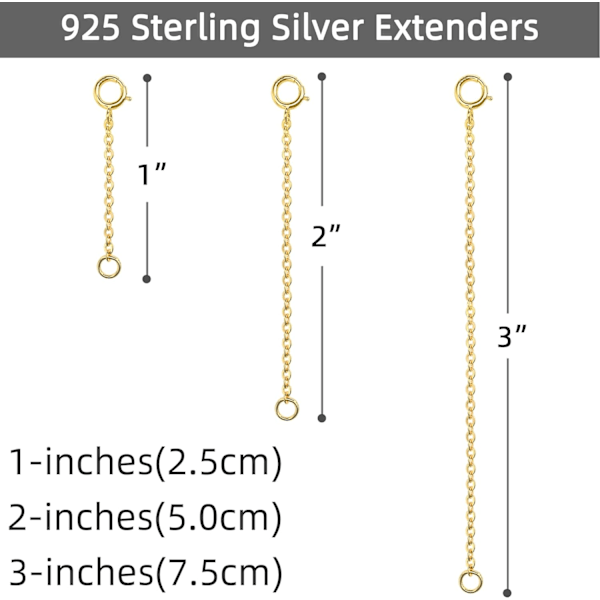 Kultaketjun pidennin 14k kultapinnoitettu pidennysketju 925 sterlinghopea pidennysranneke pidennysketju kultaa kaulakorulle 3 kpl (1 2 3 tuumaa)
