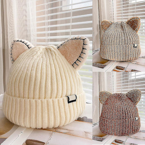 Kawaii Kattöron Hatt Söt Enfärgad Varm Ullstickad Mössa Höst Vinter Mössor-KK1- Beige