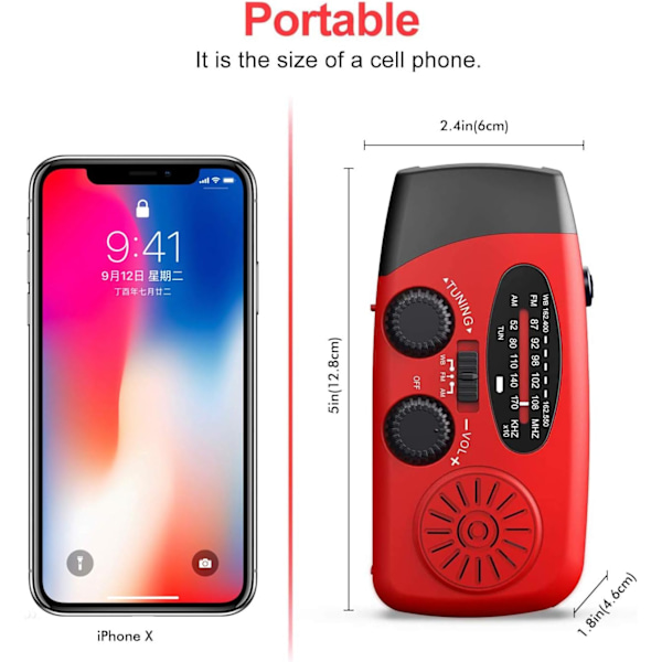 Hold forbindelsen og vær forberedt med vores solcellevejrradio - håndsving, AM/FM, LED-lommelygte - batteribackup, 2000mAh powerbank til smartphones-KK1- red