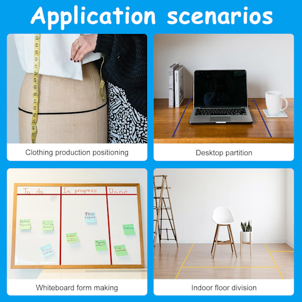 Whiteboardtejp, Konsttejp, Diagramtejp, Rutmarkör, Självhäftande Whiteboard Ruttejp för Kontorsrutmarkör (4-pack)