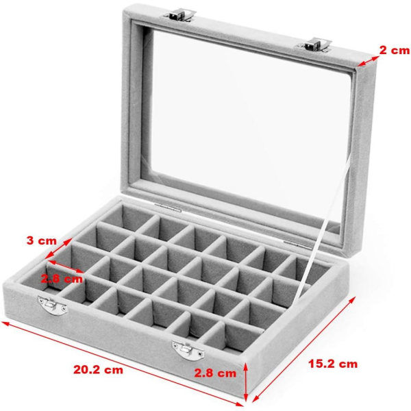 Smykkeæske med 24 rum, smykkeopbevaring med glaslåg, opbevaringsboks, arrangør til ringe og øreringe