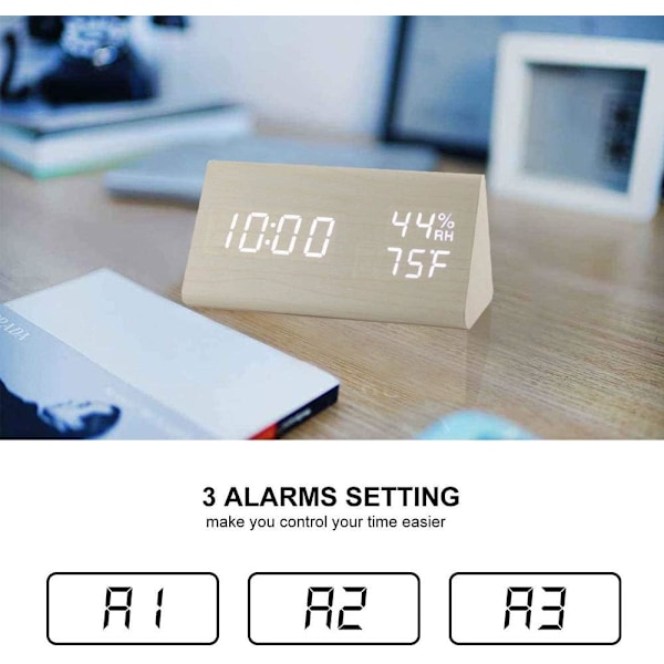 Digital väckarklocka, med elektronisk LED-tidsvisning i trä