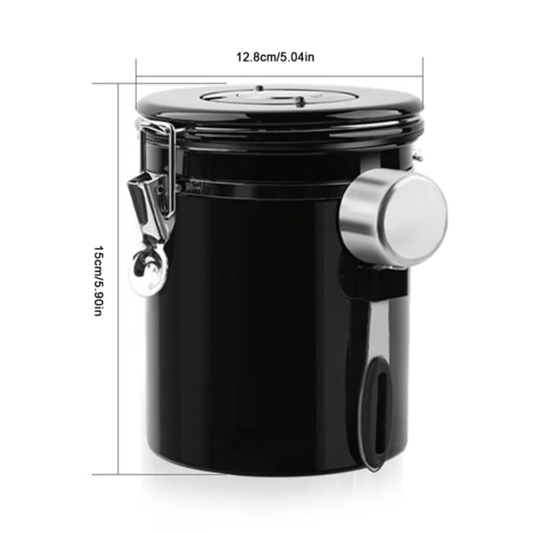 Kaffebeholder Lufttæt Beholder Rustfrit Stål Opbevaringsbeholder til Kaffe Bønner 1,5 L med Ske og Udluftningsventil til Kaffe Te, Sort