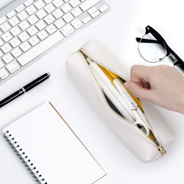 PU Blyantspenal Etui Bærbar Skrivebordsmappe Stor Kapacitet Blyantpung Kosmetik Organizer Taske til Studerende Pige eller Dreng, Beige
