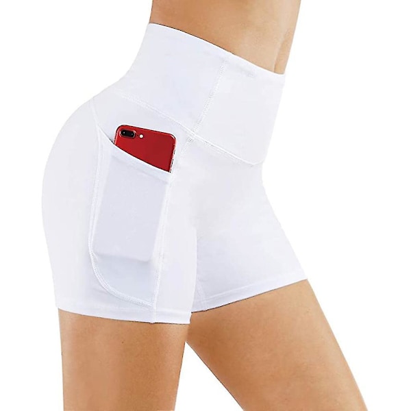 Yogashorts, dameshorts, sidelommer med telefonlomme, høj talje, yogafitness, træningsbukser, underdel, hvid (S)