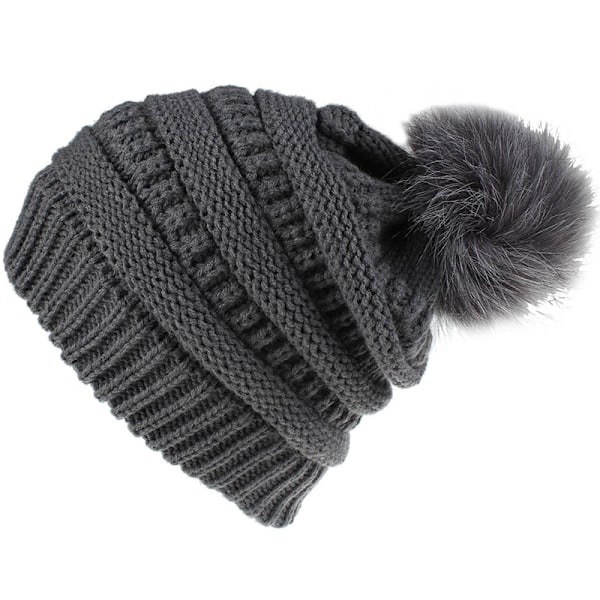 Muoti retro päähine naisten yksivärinen villapallo neulottu pipo-KK1- Dark gray