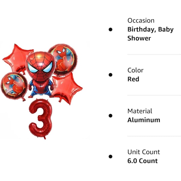 6 st Superhjälte Spiderman Tema 3-årsdag Dekorationer Röd Nummer 3 Ballon 32 tum | Spiderman Födelsedag Ballonger (Spiderman 3-årsdag)