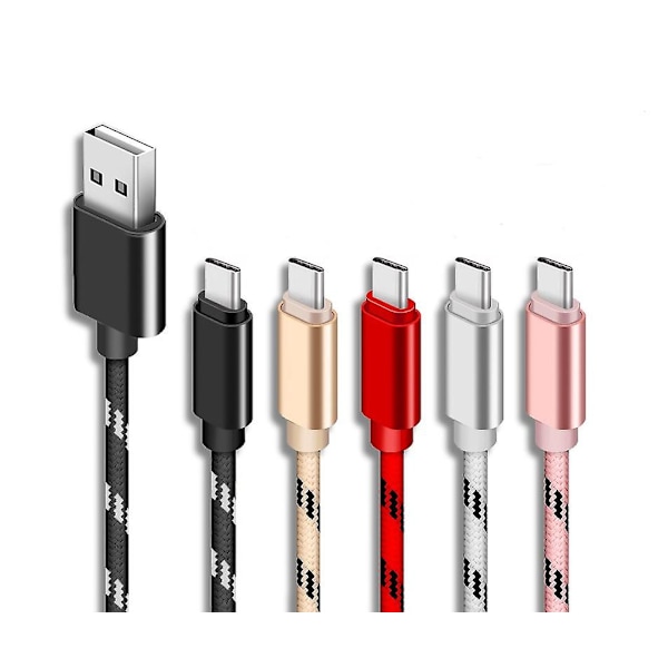 Fem-pakning 3m flettet USB-lader Type-c ladekabel for Samsung Huawei