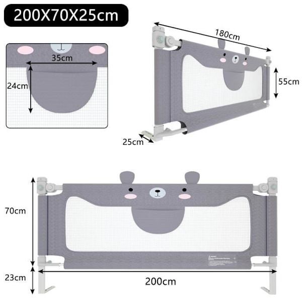 UISEBRT 200 cm Höjdjusterbar Babysängstång Anti-fallskydd Staket Björngrå för Familj och Barnsäng Teddy Bear Grå