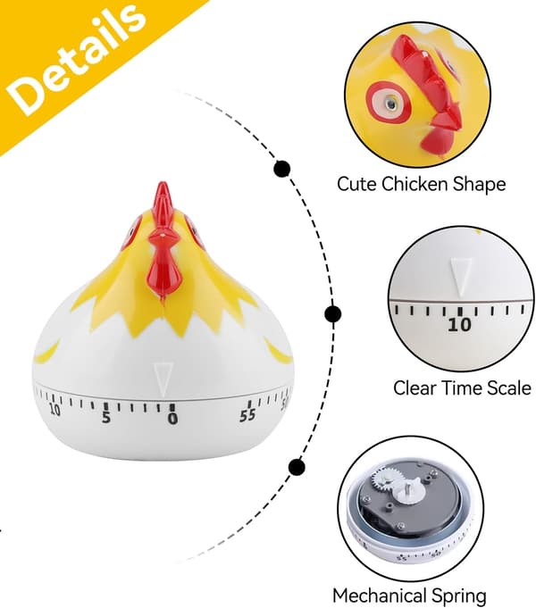 Chicken Kitchen Timer, Egg Timer, 60 Minute Chicken Kitchen Timer Manual Kitchen Timer with Loud Alarm for Cooking, Mechanical Rotating-FM-