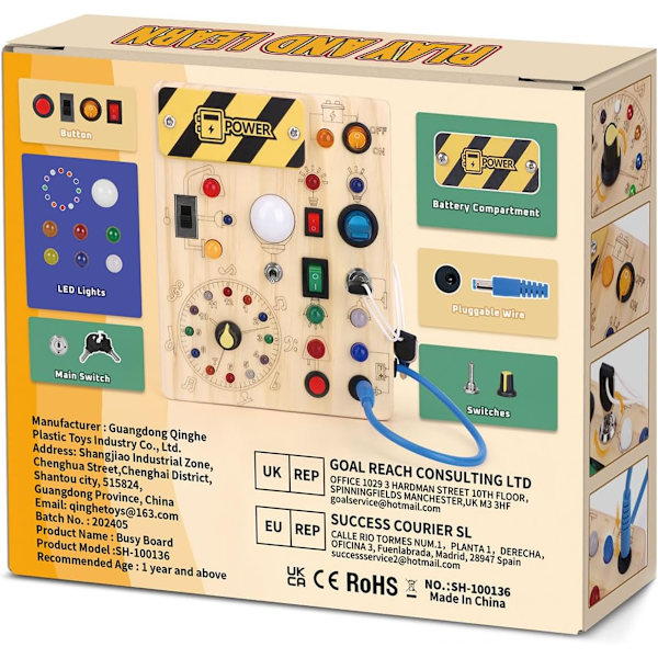 Montessori-leke, aktivitetsbrett, sensorisk babyleke, med 10 brytere og 23 LED-lys, treleke, reise-X44-