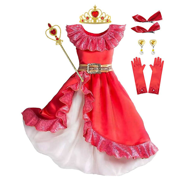 Elena från Avalor Prinsessdräkt Flickor Disney Anime Rollspel Kläder Halloween Karneval Cosplay Outfit Barn Röd Rynkad Lång Klänning Elena Set 04