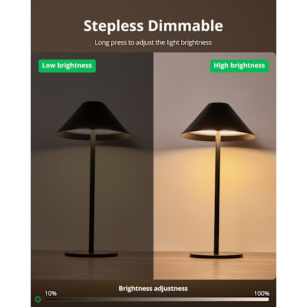 Oppladbar Trådløs Bordlampe, Dimbar LED Batteridrevet Skrivebordslampe, Vanntett, 3000K Varmhvit Lampe, Metall Nattlampe for Soverom, Uteplass (inkl-KK1- black
