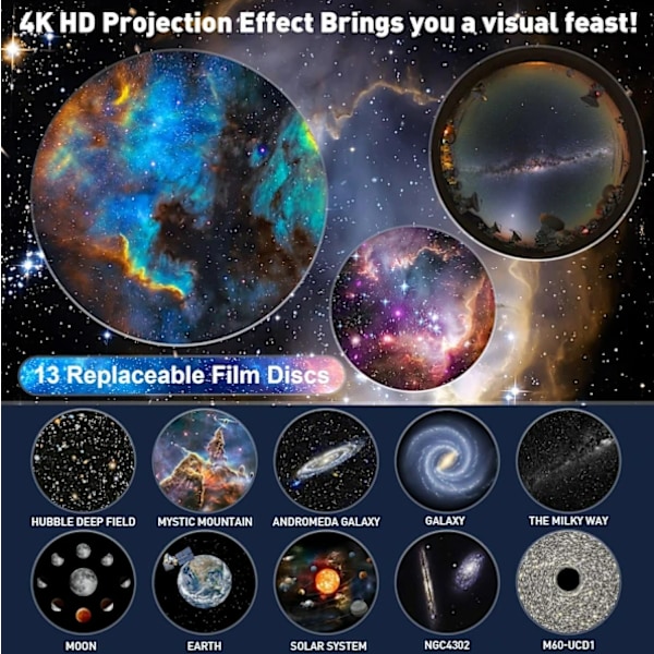 Stjärnhimmelsprojektor planetarieprojektor stjärnhimmelsprojektor galaxtaktak vuxen 12 skivor 360° roterande nattlampa Black+White