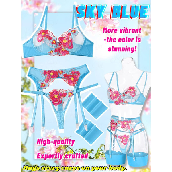 Kukallinen Kirjailtu, Kaarituellinen, Stringit, Sukkanauhaliivit, 4-osainen Alusvaatesetti Sininen Blue XL