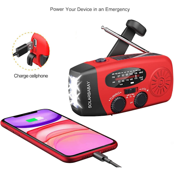 Väderradio, Solradio, Nödvevradio Självdriven AM/FM Solcellsväderradio med LED-ficklampa, WB-radio med batteribackup-KK1- red
