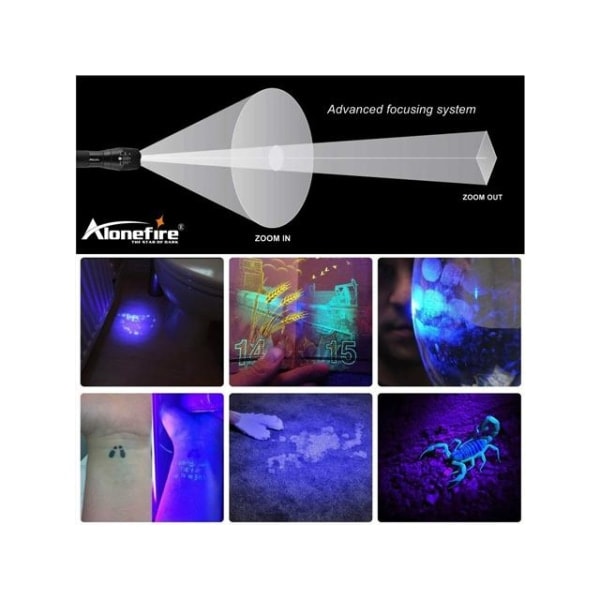Led UV 365nm taskulamppu 10W T6 led + Zoom Musta