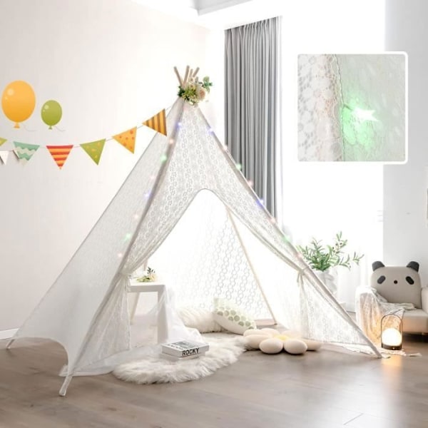 COSTWAY Stort tipi-lektält för barn med romantisk spetsbelysning i prinsessstil Vit