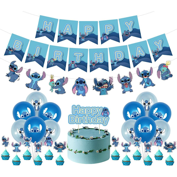 Lilo and Stitch Födelsedagsfestdekoration, Stitch Födelsedag Banner Cake Toppers Ballonger,Stitch Theme Födelsedagsfestdekorationer