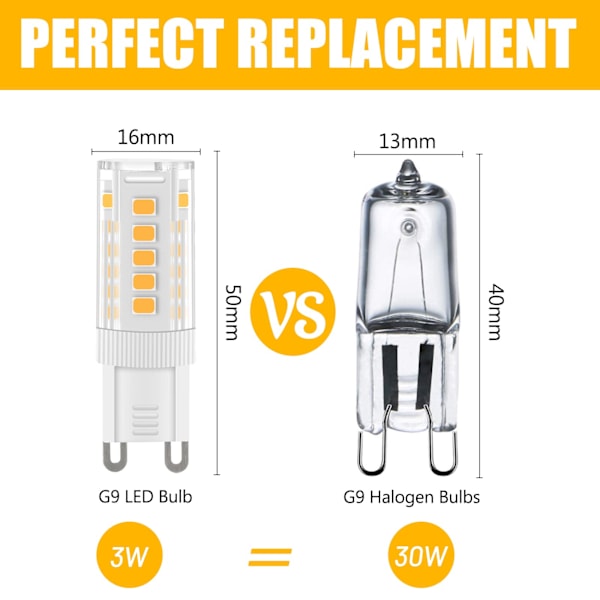 G9 LED-pærer Varmt Hvit, 3W, 300LM, 3000K, Erstatning for 30W G9 Halogenpære, Flimmerfri Ikke-dimbar for Belysningsdekor, Kronelys, 10-pakning