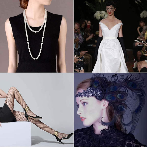 1920-luvun asusteet naisille, Gatsby-asusteet naisten setti muoti jylisevä 20-luvun teema pääpanta pitkät mustat käsineet kaulakoru korvakorut cosplay