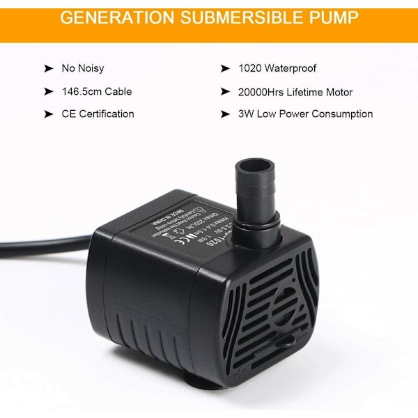 Nedsænkbar vandpumpe, akvariepumpe justerbar 200L/H 3W Ultra-støjsvag Catit USB-pumpe til dam fisketank springvand fisk T