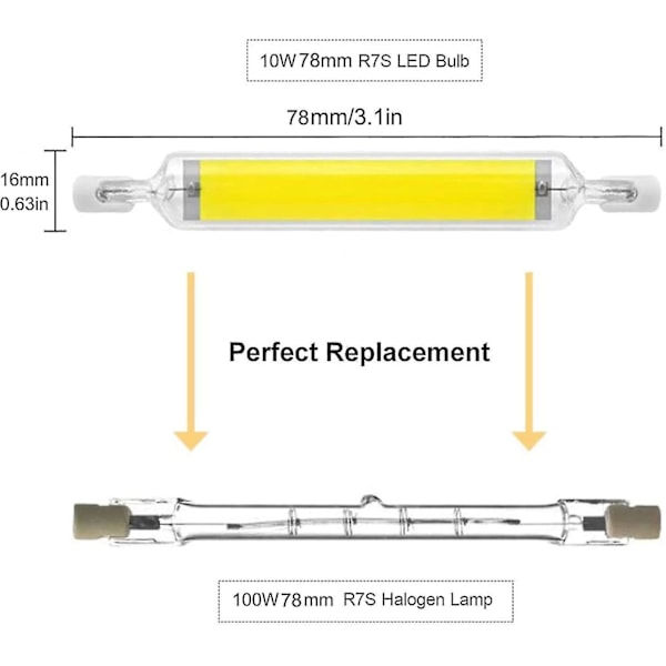 2-pack 10W 78mm R7s LED-lampor Dimbara Kallt vitt 6000-6500k 100W Halogen J78 Ersättning, Dubbeländad R7s Basrör, 360 Strålvinkel, Energisparande