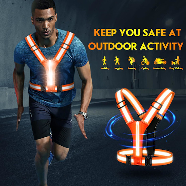 LED Refleksvest, USB Oppladbar, Justerbar Midje/Skulder -