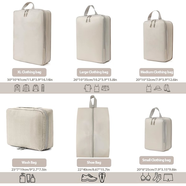 Reserveske Organizer Kompresjonspakkeposer - 6-delte pakkekuber Kompresjonsreserveske Organizer, Set Organizer beige