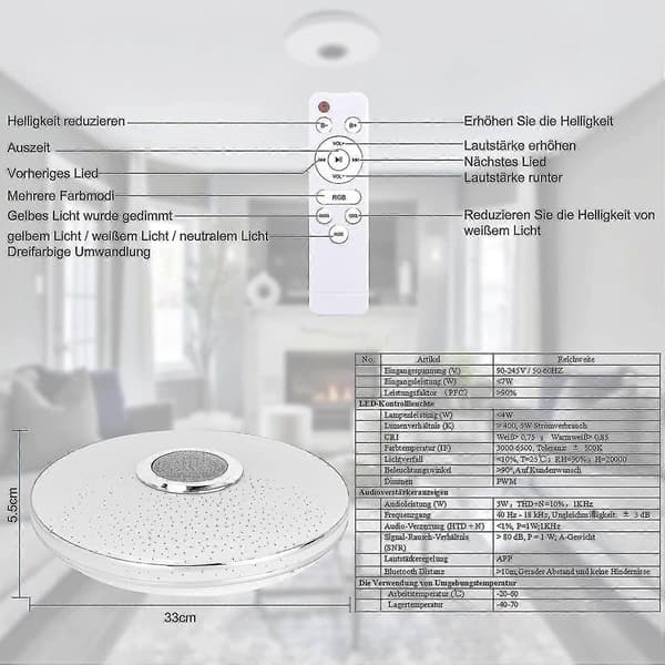 36W LED Ceiling Light Dimmable with Bluetooth Speaker, LED Ceiling Light with Remote Control or App-FM-