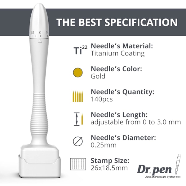 Justerbar Microneedling-stämpel - Professionell mikronål för hår, skäggväxt - Fantastisk hudpenna för ansikte - 140 Titanstift