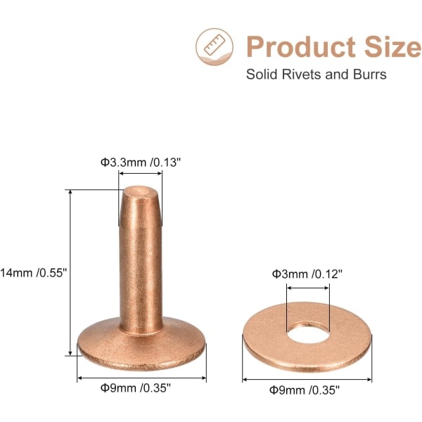 10 Set Koppar Nitar och Burr, 9x3.3x14mm Massivt Läder Koppar Nitarhållare för DIY Lädertillbehör, Koppar Ton