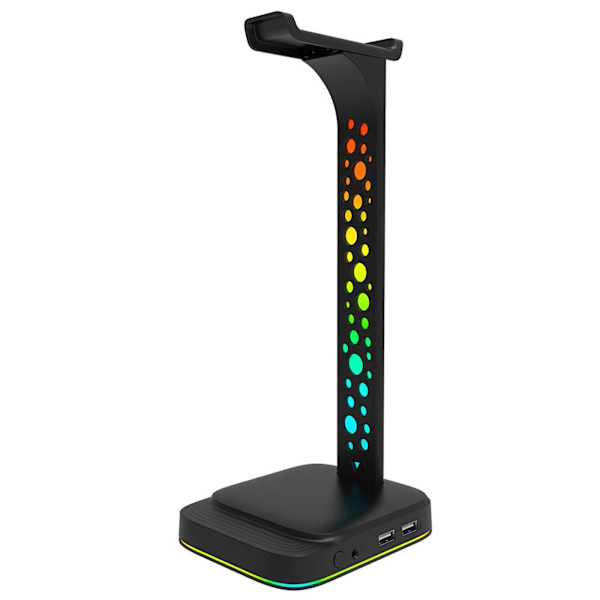 RGB-spillhodetelefonstativ, hodetelefonstativ med 3,5 mm AUX og 2 USB-ladeplasser, skrivebordsspillhodetelefonholder med gummi-base