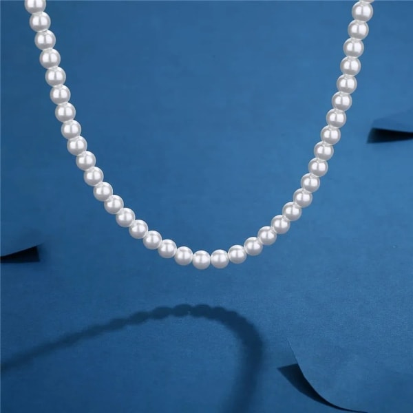 Vit Pärlhalsband Enkelt Lager 8mm Imitationspärlhalsband för Män (50cm)
