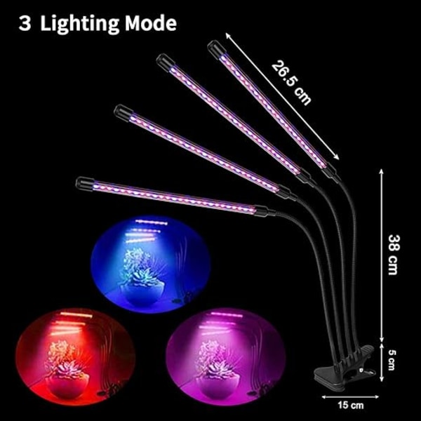 Vekstlys LED, 4 hoder, Vekstlys, Fullspektrum, Vekstlys, Dimmbart Vekstlys, Vekstlys med Timer