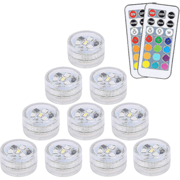 10 st Mini Nedsänkbara LED-lampor, Aled Ljus Under Vatten Vattentäta RGB Flerfärgade LED-Ljus med 2 Fjärrkontroller för Pool