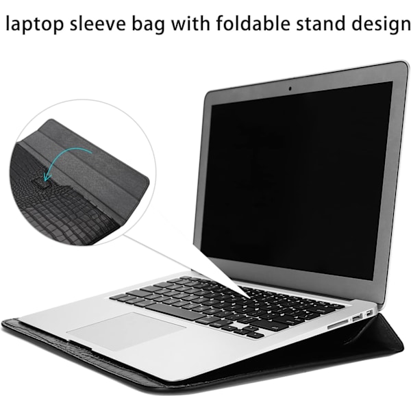 Laptopfodral för 14-tums dator, krokodilskinnsmönstrat PU-läder flip-fodral, svart