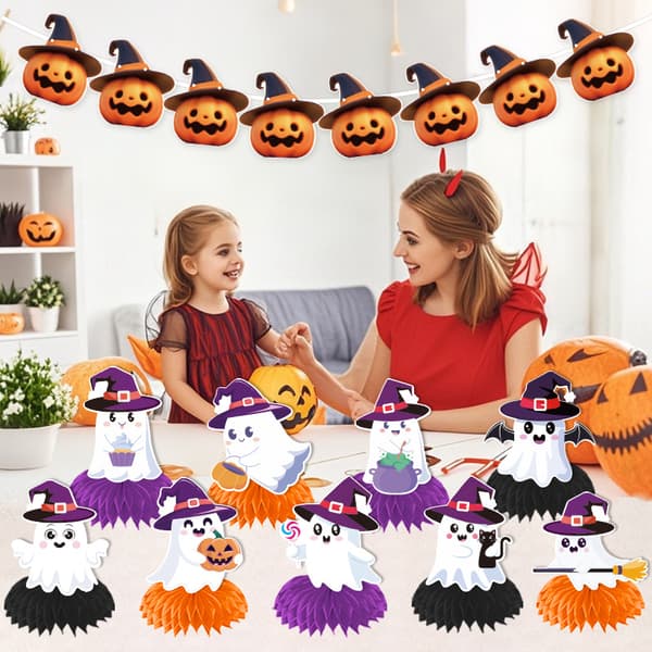 Halloween Honeycomb Midtpunkt og Guirlande Sæt, Spooky Borddekoration til Fest og Hjemsøgte Begivenheder Flag pull style E