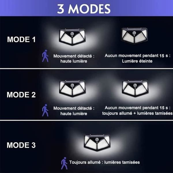Pakke med 100LED 2200mAh Udendørs Solcellelampe 3 Tilstande - AUDBURN - Sort - Bevægelsessensor