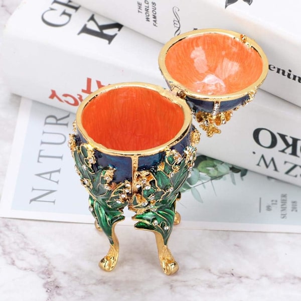 Handmålad Fabergé-ägg Emalj Korall Rattan Metall Smyckeskrin Halsband Armband Liten Prydnad Hemarbetsbord Dekoration Present Smyckeskrin