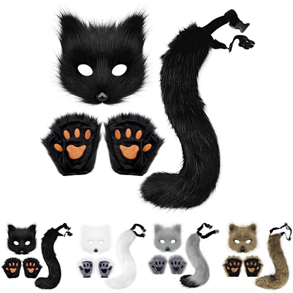 Therian Paws Furry Maske & Hale Sett Flickig Kattmasker Halloweenfest Kostyme Brown