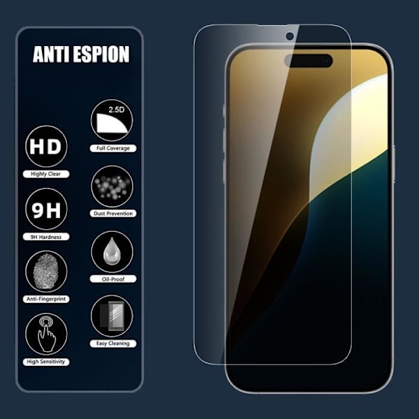 2 Anti-vakoilun karkaistua lasia iPhone 16 Pro Maxille - Iskun kestävä suoja